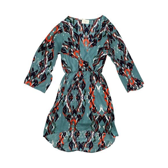 Everly Womens Dress Small Teal Multicolor Ikat Print Long Sleeve Lined Mini Boho - Picture 5 of 7
